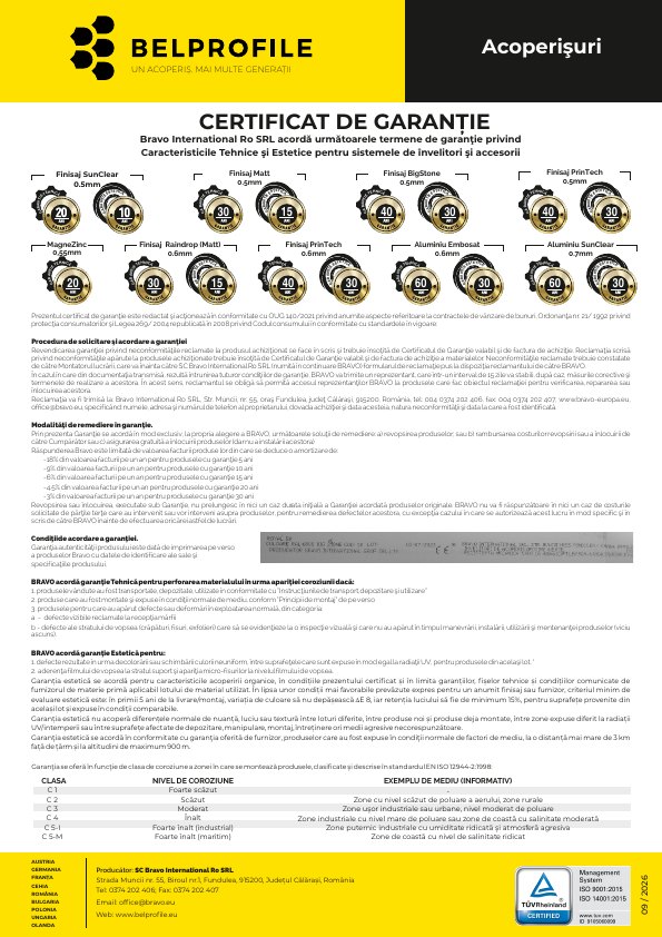 Certificat de garanție: Acoperișuri